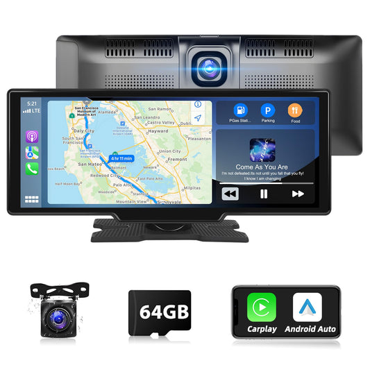 Podofo Wireless Apple Carplay Android Auto Portable Car Radio, 9.3-inch HD touchscreen car radio for cars/SUVs/vans/pickups and trucks, dash cam & rearview camera & 64G TF card.