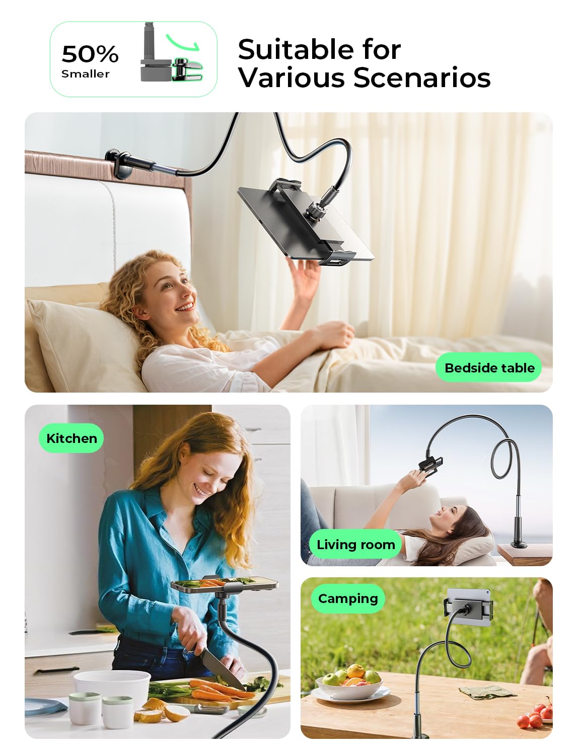 LISEN swan neck tablet holder for bed [2 clips] tablet stand 360° rotatable Kindle holder, universal tablet holder with iPhone 16 15 series iPad Pro Galaxy Tabs from 4 to 12.9 inch devices