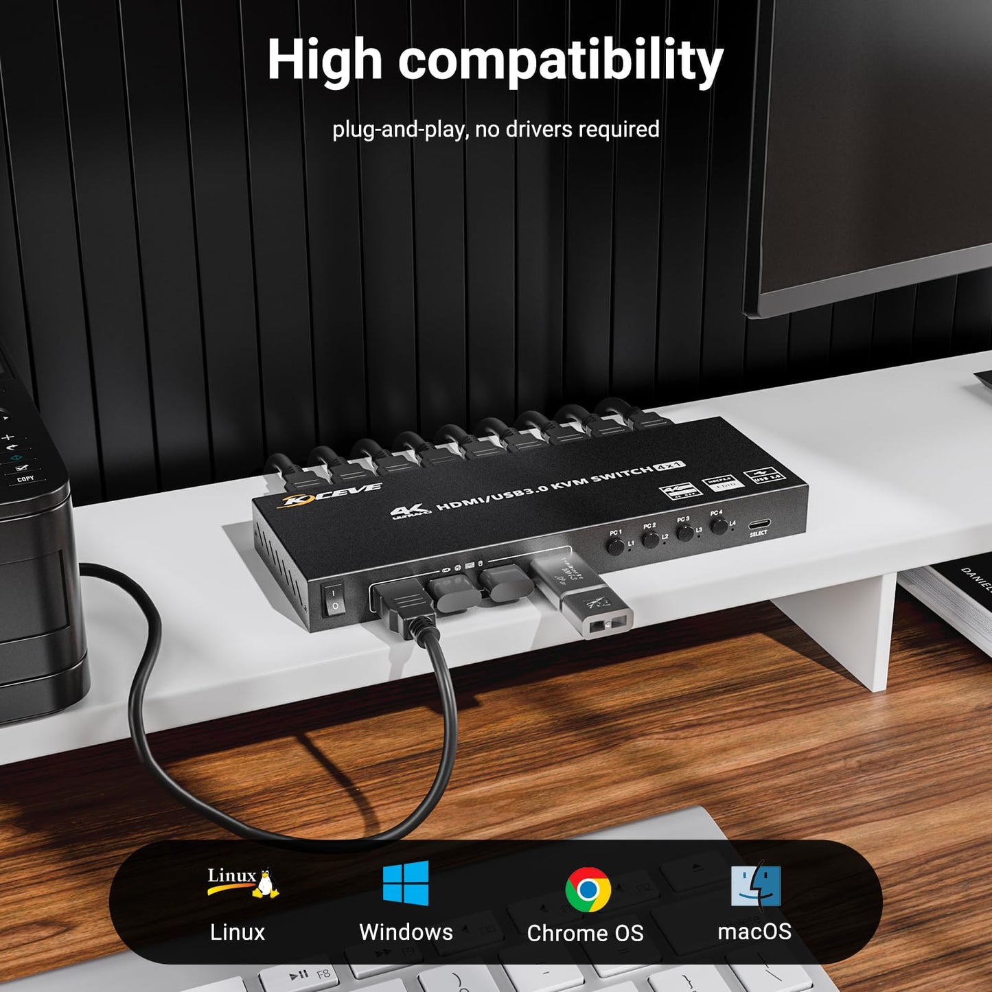 USB3.0 KVM Switch HDMI 4 Ports 4K@60Hz Simulation EDID, ESKEVE HDMI2.0 KVM Switch 4 PC 1 Monitor 2K@120Hz for sharing 4 PCs and 1 monitor, with Wired Remote and HDMI+USB3.0 Cables