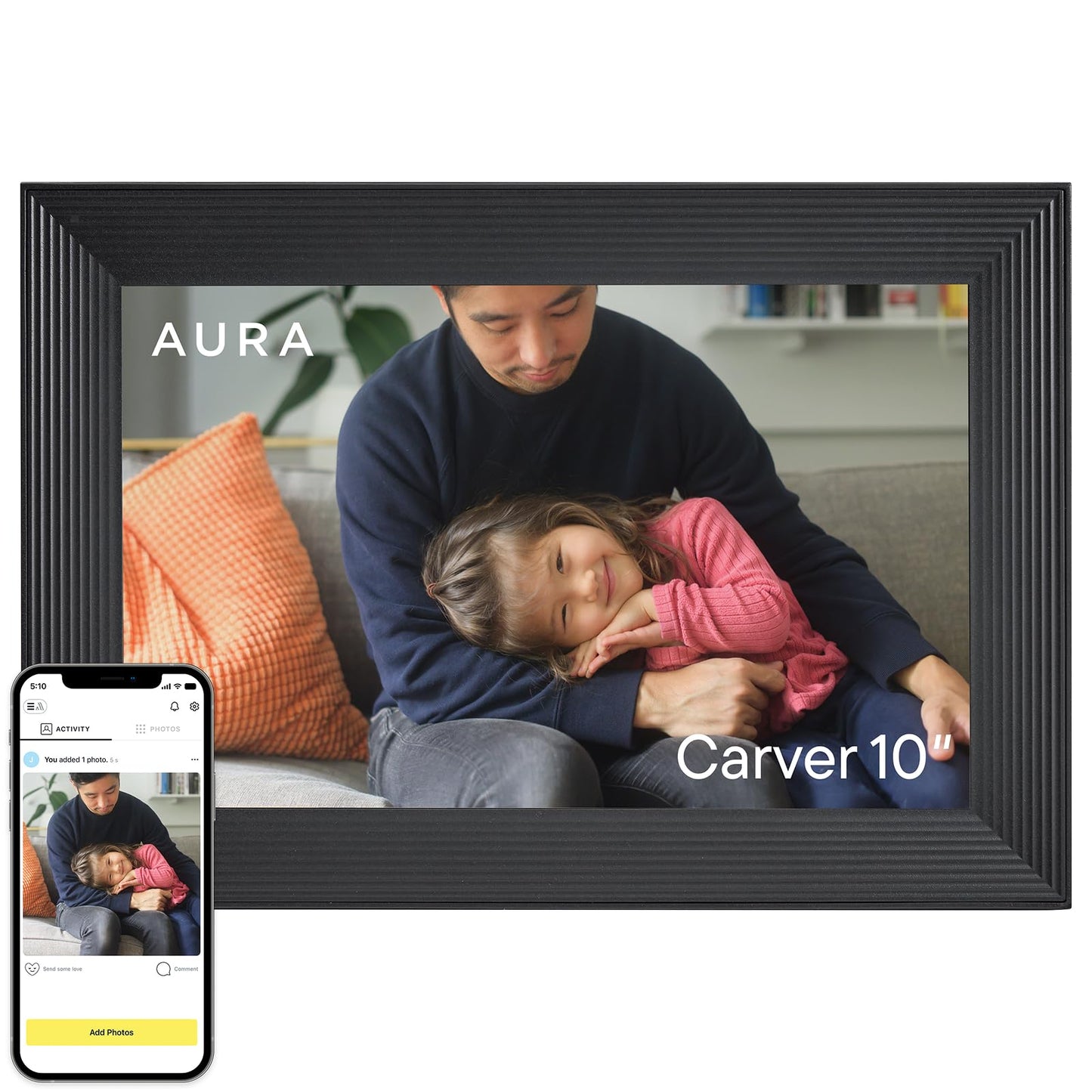 Aura Carver Smart Digital Picture Frame 10.1 Inch HD WiFi Cloud Digital Photo Frame, Free Unlimited Storage, Send Photos from Anywhere - Gravel