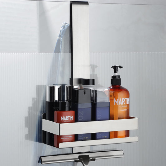 Cooeco hanging shower caddy - stainless steel shower basket for hanging on glass shower screen without drilling. Shower shelf shampoo holder with hooks for frameless glass door shower wall. No drilling required.