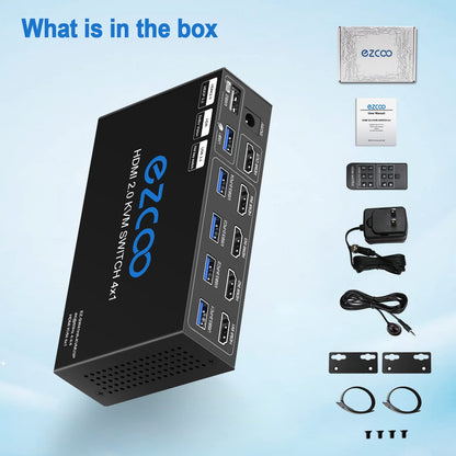 KVM Switch HDMI USB 3.0 4 Ports with Hotkey supports 4K 60Hz 18Gbps. Share 4 Computers with one Keyboard Mouse, HDR, D-olby Vision, HDCP2.2, and Remote Control.