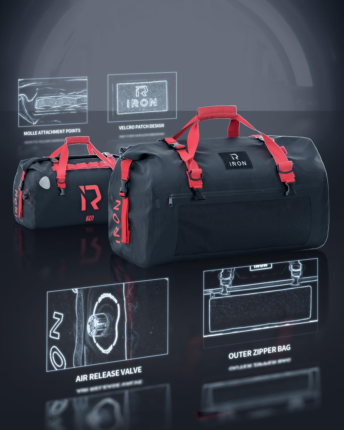 BORLENI Motorcycle Tail Bag Luggage Roll waterproof 70L - Premium motorcycle bag with roll-top, reflectors & MOLLE system, as a travel bag/saddlebag for touring, camping & outdoor.