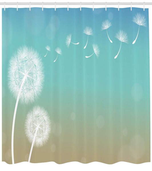 ABAKUHAUS Dandelion Shower Curtain, Blowball in Wind, Fabric Bathroom Decor Set with Hooks, 175 x 240 cm, Turquoise Tan White.