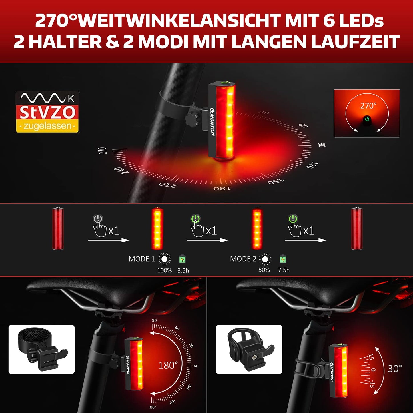 MONTOP StVZO approved bike light set with USB rechargeable battery, LED bike light, bike lamp, bike light set including front and rear lights, bike lights for kids and adults.