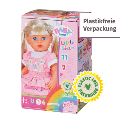 BABY born Kindergarten Little Sister doll with hair and functions, no batteries required. Includes accessories. Suitable for children aged 3 and up. 36 cm tall. Zapf Creation product number 828533.