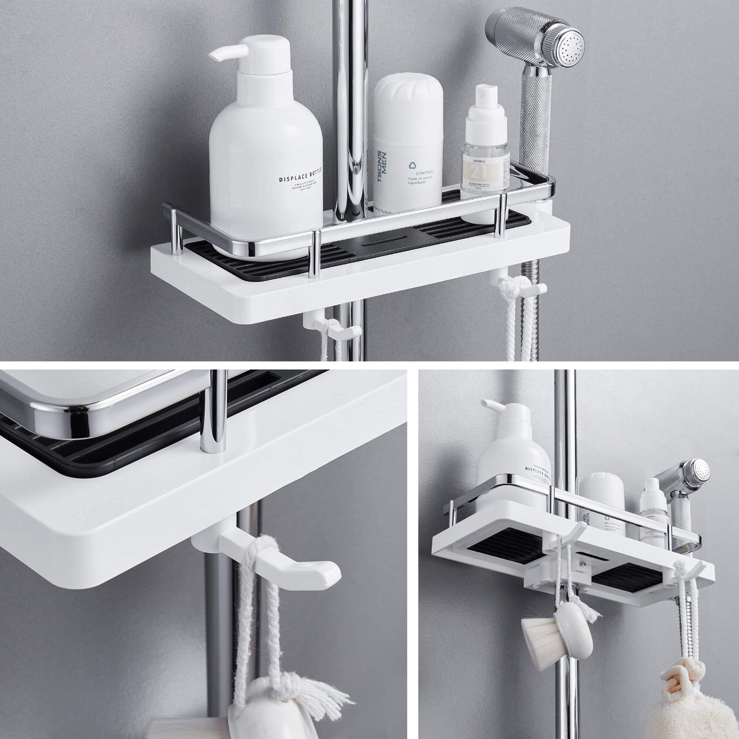 Hoomtaook Shower Caddy for Shower Rail Shower Caddy Hanging Shower Shelves Accessories Holders with Two Hooks and Shower Head Hook Fit [21mm-25mm] Rail Plastic, 2 Pieces White