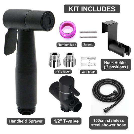 Bidet sprayer set, premium brushed stainless steel bidet sprayer, with G1/2" valve and G3/8" adapter for shower bathroom hygiene toilet paper diaper cleaning (black).