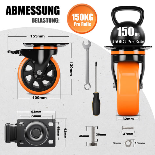 4 pieces heavy-duty casters 100mm with brakes including mounting accessories swivel casters transport wheels 360° rotation up to 600KG capacity for furniture transport & industrial transport.