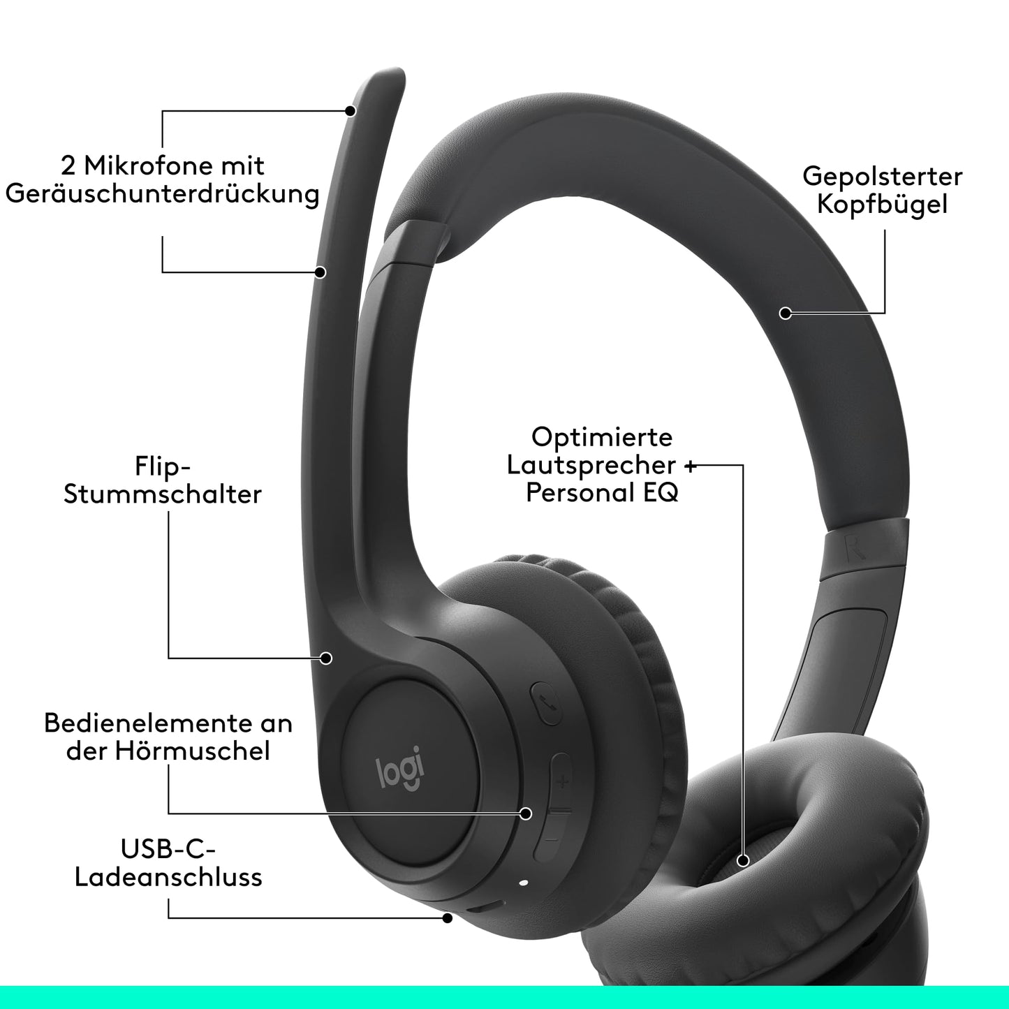 Logitech Zone 300 Wireless Bluetooth Headset with microphone includes noise cancellation, compatible with Windows, Mac, Chrome, Linux, iOS, iPadOS, Android - Black