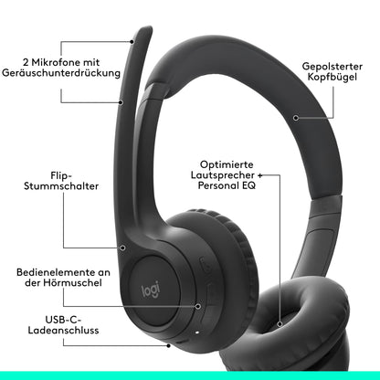 Logitech Zone 300 Wireless Bluetooth Headset with microphone includes noise cancellation, compatible with Windows, Mac, Chrome, Linux, iOS, iPadOS, Android - Black