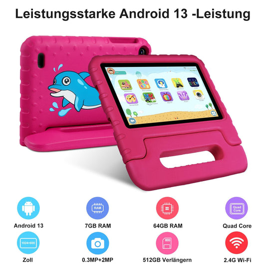 AOCWEI 13 Android Tablet 7-inch, 7GB RAM 64GB ROM/TF 512GB, Parental Control, Education + Games, Dual Camera| WiFi6| BT5.0| Tablet with Case (Rose)