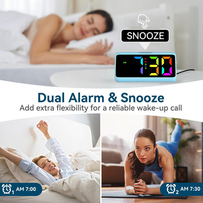 Loud alarm clock for heavy sleepers, Digital Alarm Clock with Colorful Display, Dual alarms, 5 brightness levels, 4 volume levels, Snooze function, Bedside Alarm Clock for kids, teens, seniors, and heavy sleepers.