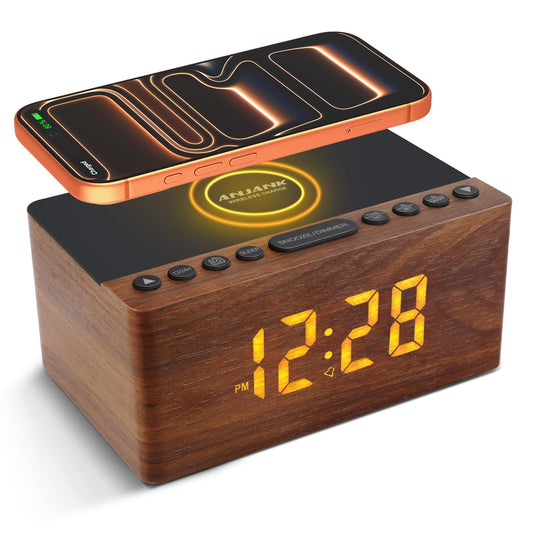 ANJANK Digital Wooden Alarm Clock with Wireless Charging Station, 10W Fast Charger for iPhone/Samsung Galaxy, LED Display with 5-Level Dimmer, USB Charging Port, Clock Radio, No Ticking