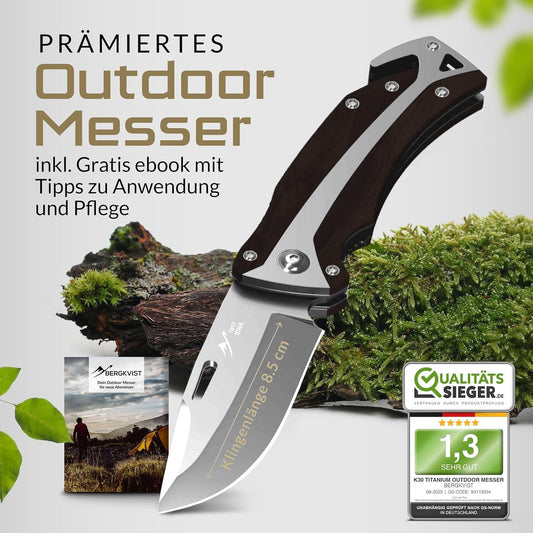 BERGKVIST® K30 Folding Knife (Two-Hand Knife) - Carry allowed in Germany - 3-in-1 pocket knife for outdoor, camping & survival with firesteel & belt pouch - Handle made of ebony