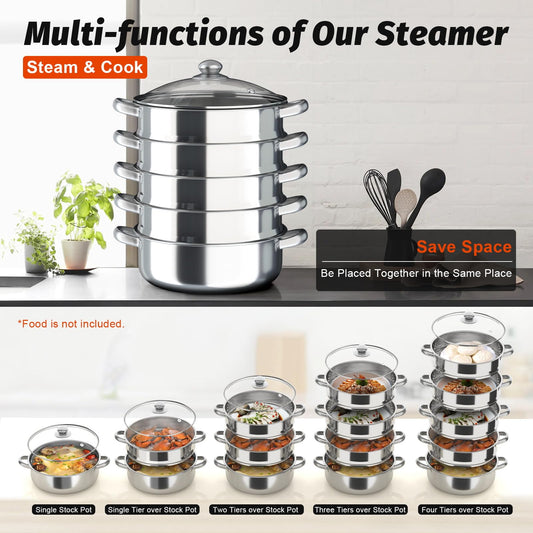 Steamer steam cooker, 5-tier stackable stainless steel steamer pot with glass lid, diameter 26/28/30cm (30cm)