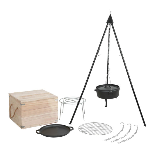 Mayer Barbecue BRENNA Swivel Grill Set, Dutch Oven Set with Tripod Stand, Dutch Oven 5.5 l, Cast Iron Pan, Stainless Steel Grill Grate & Coaster