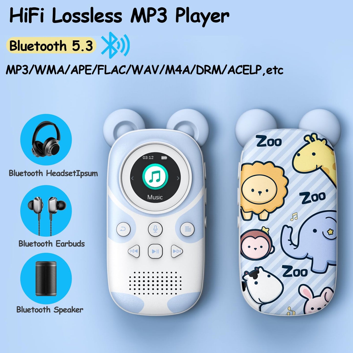 RUIZU 64GB MP3 Player for Kids Bluetooth 5.3 with headphones speaker Supports FM radio, alarm clock, one-touch recording, stopwatch function.
