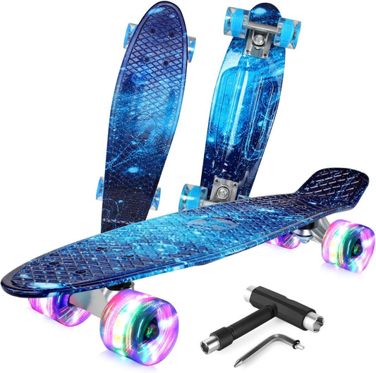 BELEEV Children's Skateboard 22 Inch with LED Light-up Wheels, Complete Mini Cruiser Skateboard for Kids Teens Adults, LED Light-up Wheels with All-in-one Skate T-Tool for Beginners