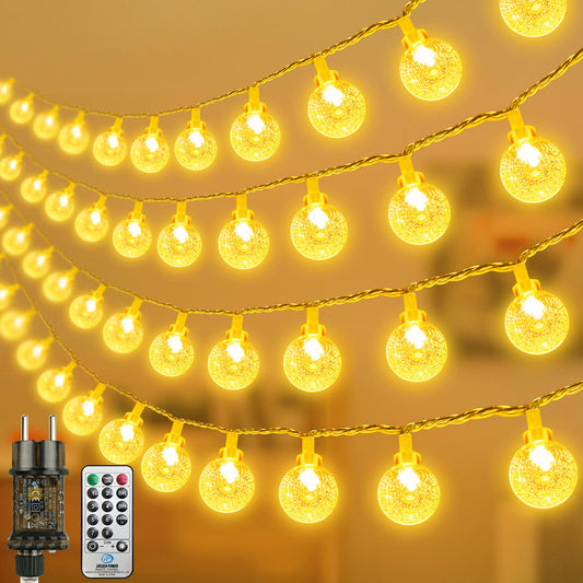LED fairy string lights powered by electricity, 15M warm white ball string lights with plug for outdoor and indoor use, IP65 waterproof string lights with dimmable remote control, great for rooms, Christmas, parties, gardens.