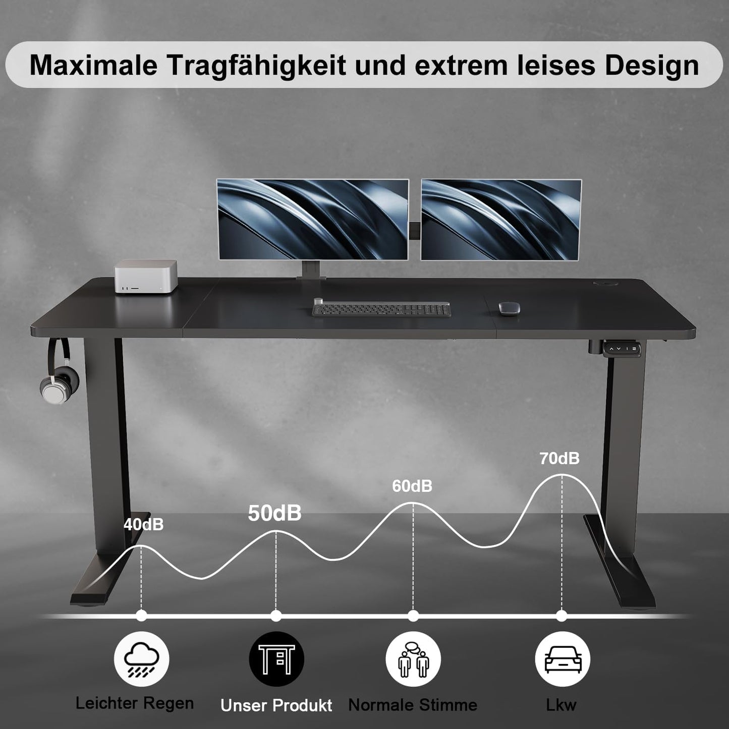 Devoko height-adjustable desk 160 x 70 cm with cable tray, electrically height-adjustable stable standing desk, computer desk 2-function memory, ergonomic standing-sitting desk (black)