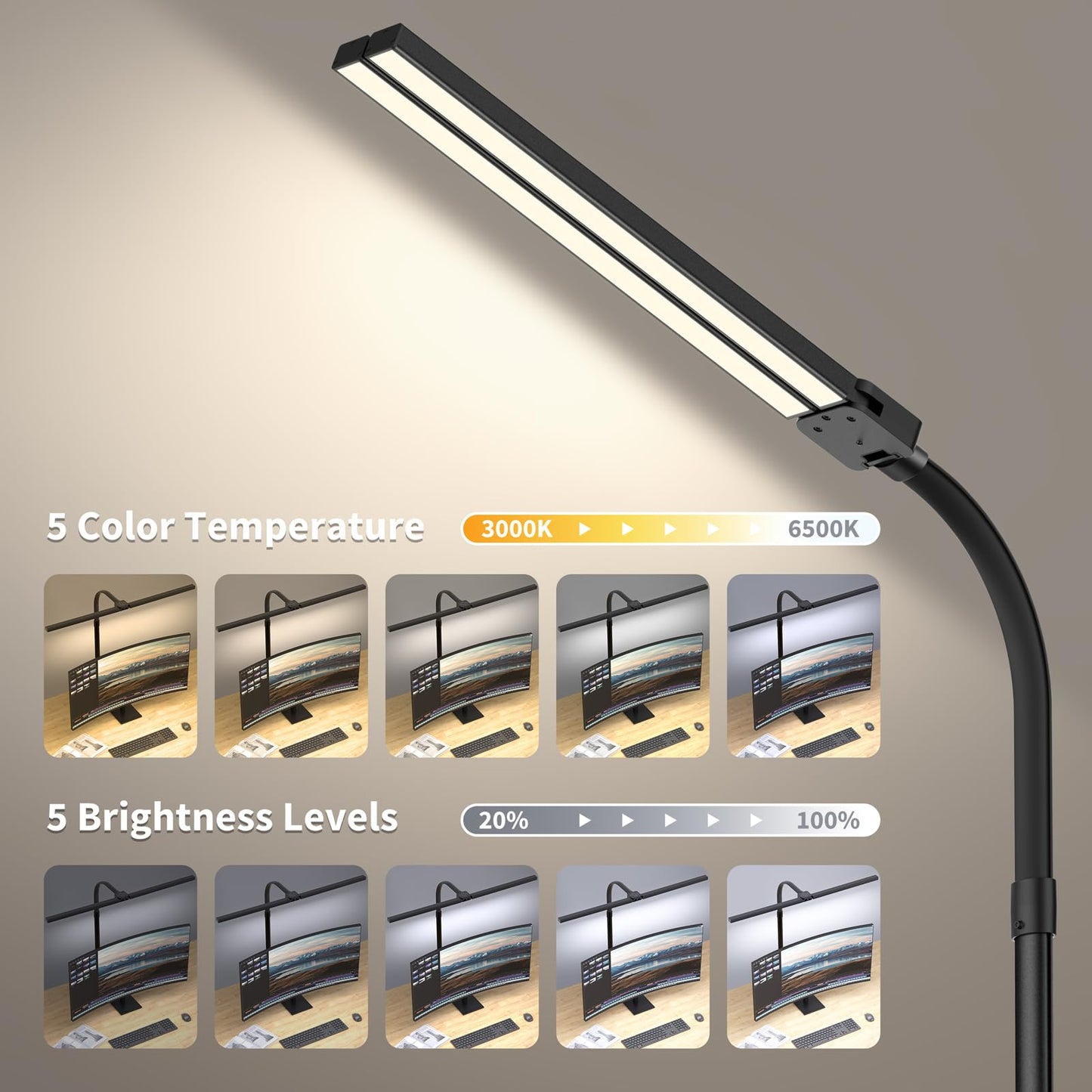 Kaulsoue Desk Lamp LED dimmable, with base, 24W 80cm daylight lamp, eye care, 5 color temperatures 5 brightness levels, for work, home, office, dorm, study, reading