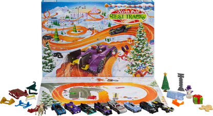 Hot Wheels Advent Calendar with 24 surprises, including 8 1:64 scale vehicles and other cool accessories, plus a play mat. Perfect Christmas gift for collectors and kids ages 3 and up. GTD78.