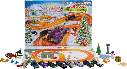 Hot Wheels Advent Calendar with 24 surprises, including 8 1:64 scale vehicles and other cool accessories, plus a play mat. Perfect Christmas gift for collectors and kids ages 3 and up. GTD78.