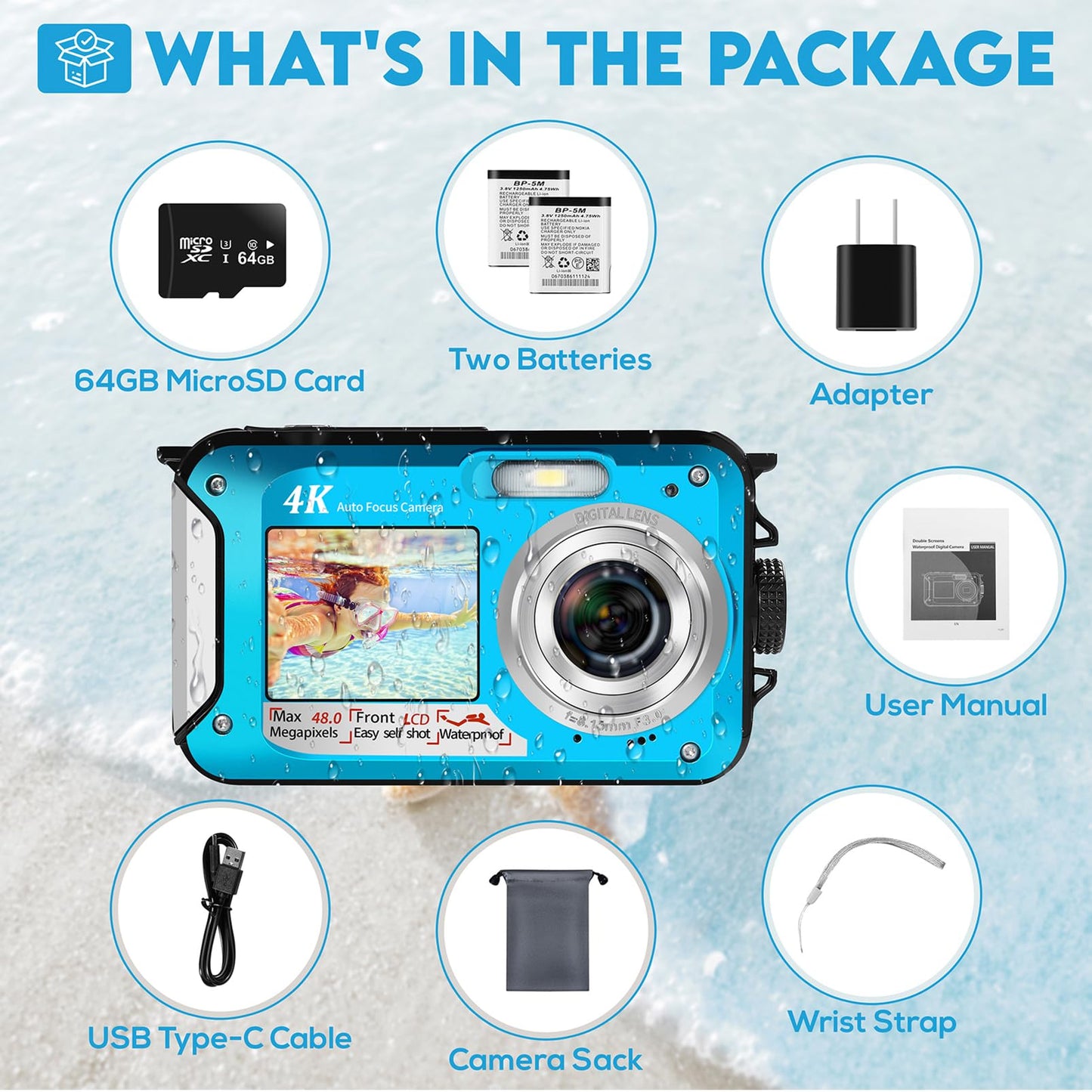 4K underwater camera with 64GB card, 48MP underwater camera with autofocus & HD dual selfie display, 3.5m waterproof camera, waterproof digital camera for kids & snorkeling (2 batteries)