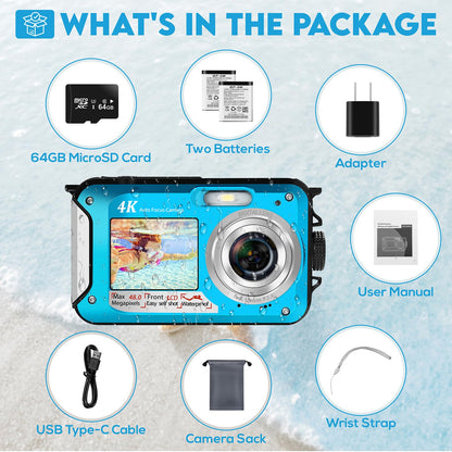 4K underwater camera with 64GB card, 48MP underwater camera with autofocus & HD dual selfie display, 3.5m waterproof camera, waterproof digital camera for kids & snorkeling (2 batteries)
