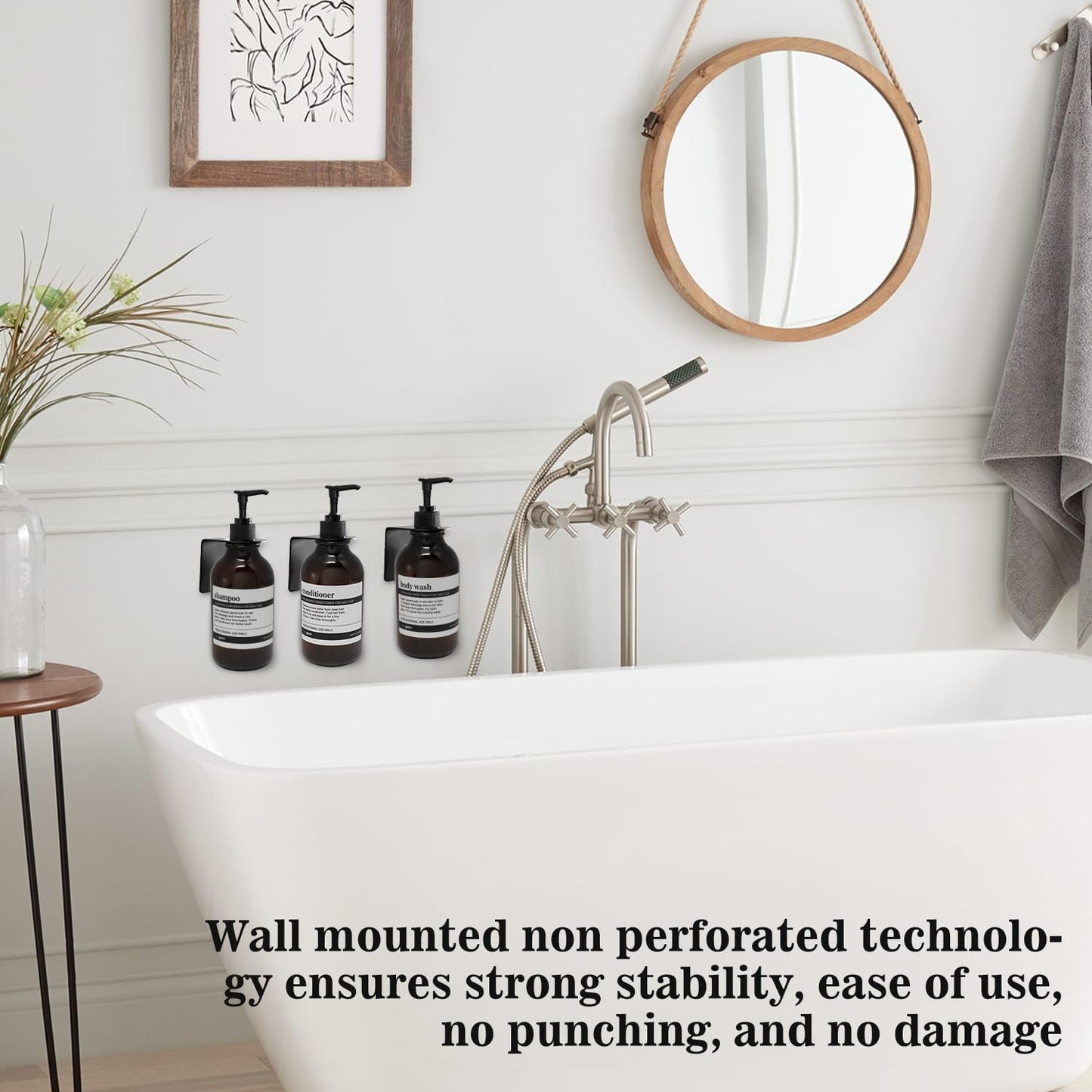 3 pieces Soap Dispenser Wall Mount, 500ml Shampoo Conditioner Body Wash Dispenser with Pump and Waterproof Labels for Kitchen Bathroom (With Stainless Steel Wall Mounts, Amber, No Drilling)