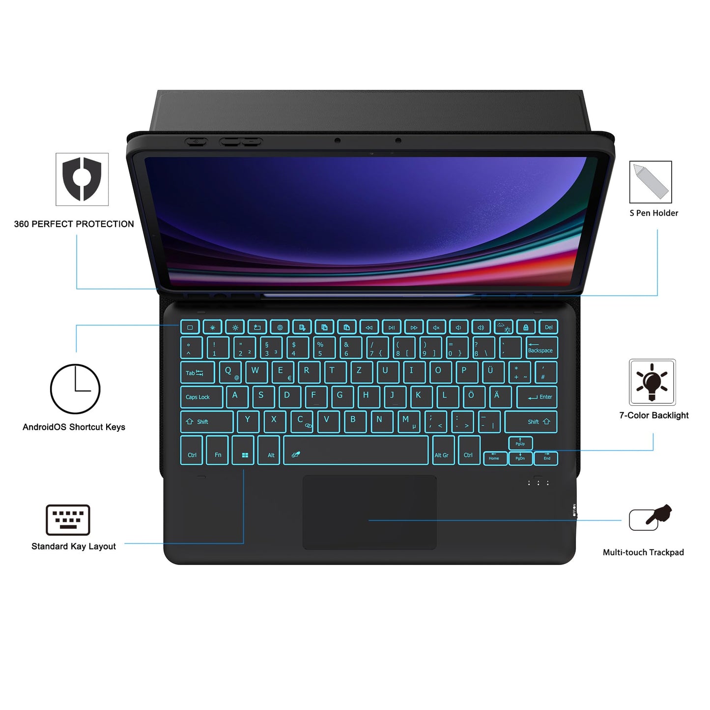 Keyboard case for Samsung Galaxy Tab S9 FE Plus / S9 Plus 12.4 Inch - 7 Color Backlit Touchpad Folio Tablet Cover - Backlit German QWERTZ Layout Keyboard for Tab S9 FE+ / S9+ Black