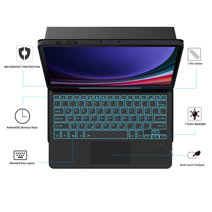 Keyboard case for Samsung Galaxy Tab S9 FE Plus / S9 Plus 12.4 Inch - 7 Color Backlit Touchpad Folio Tablet Cover - Backlit German QWERTZ Layout Keyboard for Tab S9 FE+ / S9+ Black