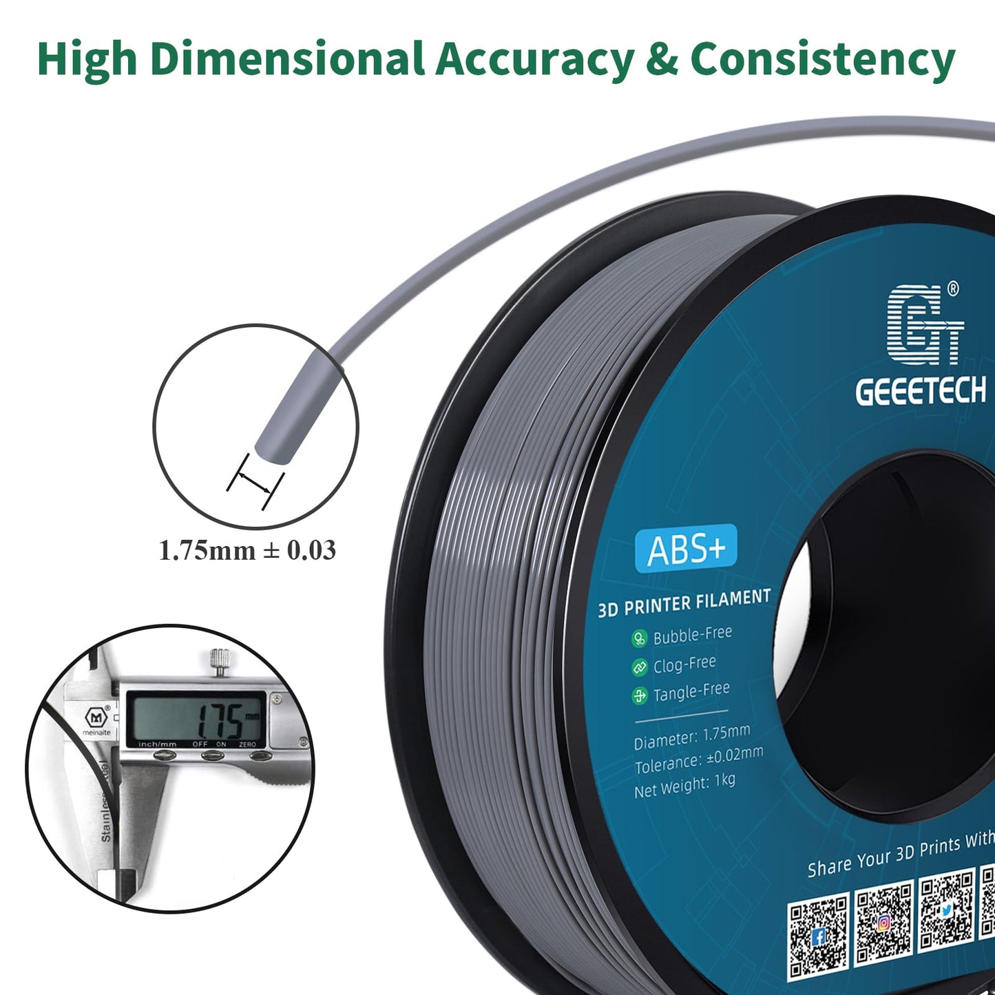 GEEETECH ABS+ Filament 1.75mm, 3D printer filament ABS 1KG spool, dimensional accuracy +/- 0.03mm, Grey