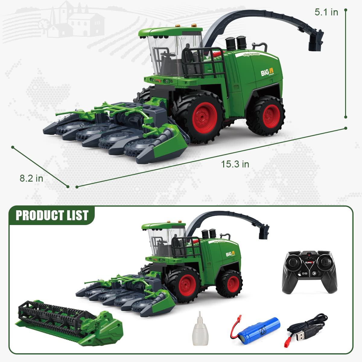 Fisca Remote Control Combine Harvester, RC Farm Harvester Tractor, 2.4GHz Harvest Tractor Farm Vehicle Toy with Light and Spray for Kids