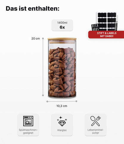 Deco Haus® 6-pack storage jars with lid [+LABELS] - For cereal, cornflakes, sugar, flour - Airtight glass storage jars with lid - Glass storage container - Kitchen storage box