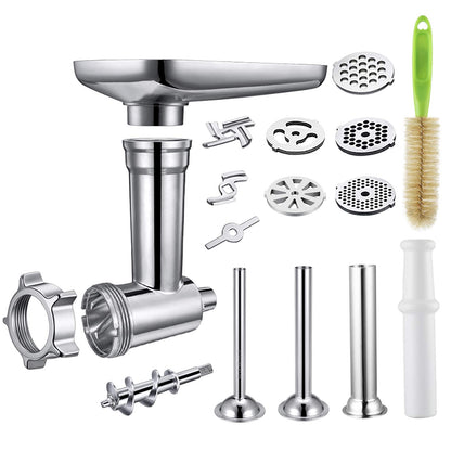 Gdrtwwh meat grinder attachment compatible with all KitchenAid stand mixers - includes 3 sausage stuffing tubes, 2 grinding blades, and 5 grinding plates.