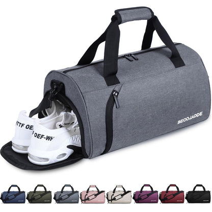 BECOJADDE Sports Bags for Women and Men, 25L Travel Duffel Bag Overnight Bag with Shoe Compartment & Wet Pocket, Waterproof Carry-On Bag for Sports, Gym, Swimming, Gray