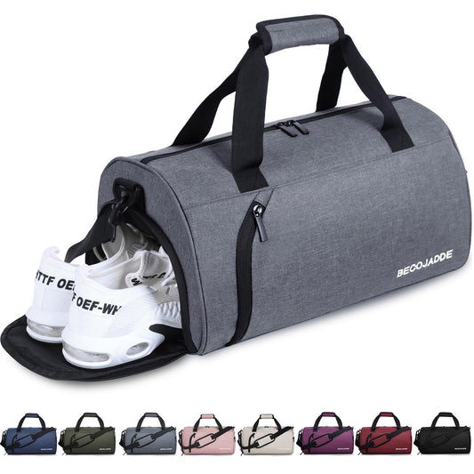 BECOJADDE Sports Bags for Women and Men, 25L Travel Duffel Bag Overnight Bag with Shoe Compartment & Wet Pocket, Waterproof Carry-On Bag for Sports, Gym, Swimming, Gray