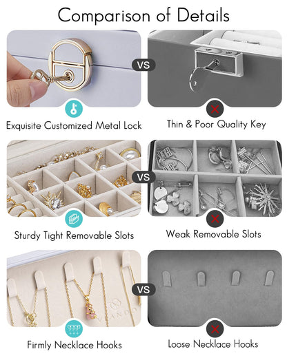Vlando Jewelry Box for Girls Women, Double-layer Jewelry Case, Lockable Jewelry Box, Jewelry Storage Box for Rings Earrings Bracelets, Jewelry Organizer