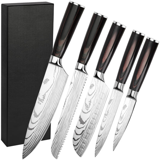Gustrug Knife Set 5-piece kitchen knife set made of high-quality stainless steel, ergonomic handle, professional knife set with chef's knife, bread knife, Santoku knife, utility knife, vegetable knife - gift box