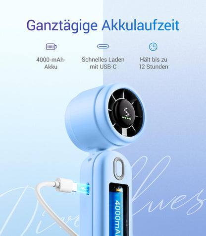 Diveblues 3-in-1 handheld turbo fan with 4000mAh USB rechargeable battery, 5 speeds, foldable portable design, up to 12 hours runtime, perfect for travel, camping, and outdoor use.