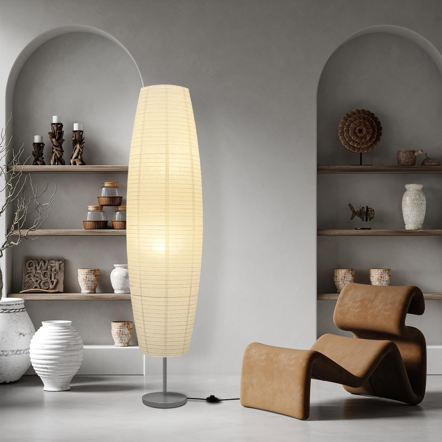 LALISU Floor Lamp Paper Lamp Modern Floor Lamps with Lampshade, Floor Lamp for Living Room with Foot Switch, Bedroom, and Study Room (White-01)