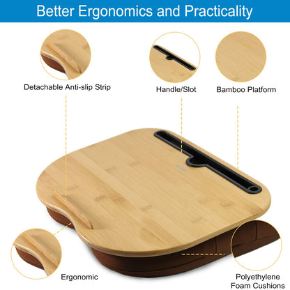 VLOXO Portable Laptop Cushion Bamboo for Bed & Couch, soft padding, ergonomic Knee Tray Cushion with cable hole & anti-slip stripes Lap Desk for max.14 inch Notebook, Tablet, MacBook