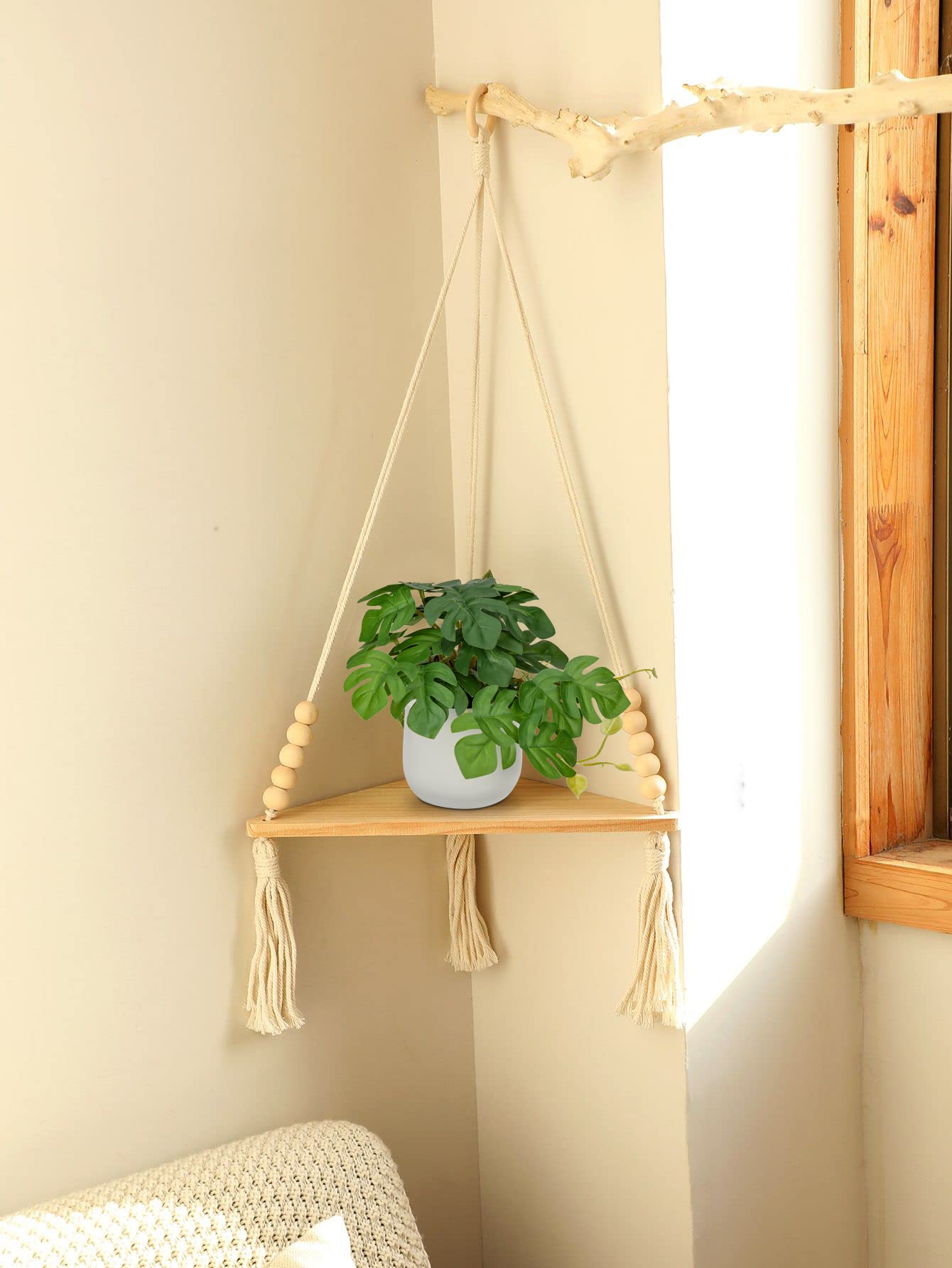3-piece artificial hanging plant set in ceramic pots. Mini Monstera and Philodendron plants for modern decoration in home, office, bathroom, kitchen, and interior design.