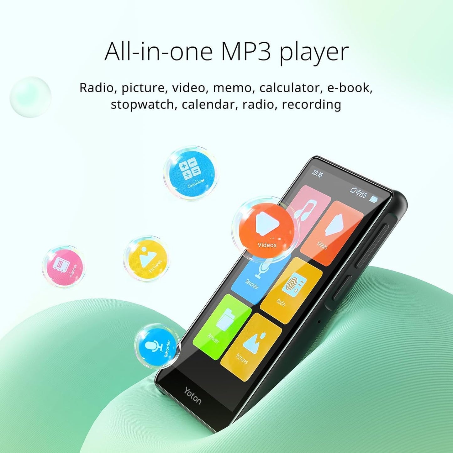 YOTON MP3 player with Bluetooth 5.0, 4-inch full touchscreen MP4 player with speakers, HiFi lossless sound, E-books, FM radio, notepad, includes headphones and 64GB TF card.