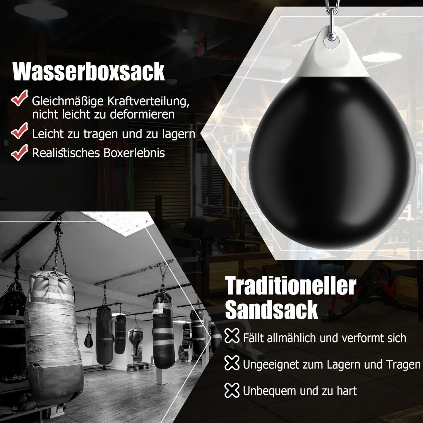 GYMAX water boxing bag Ø45cm, boxing punching bag fillable with water, hanging punch bag, heavy-duty adult & youth boxing bag (black)
