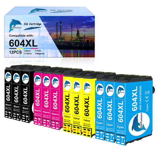 GoToners 604 XL printer cartridges are compatible with 604 604XL cartridges for Expression Home XP-2200 XP-2205 XP-3200 XP-3205 XP-4200 XP-4205, Workforce WF-2910 WF-2930 WF-2950 (12 pack).