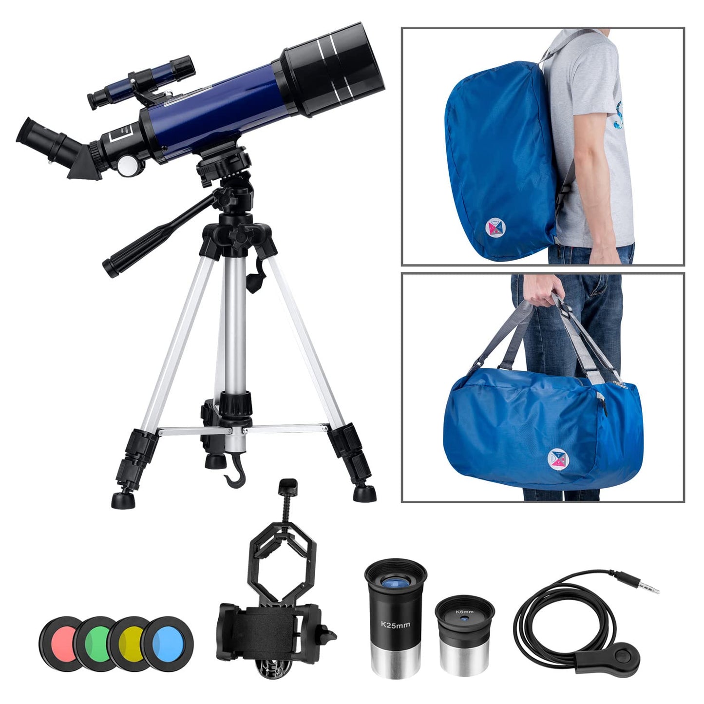 Astronomical telescope with tripod, Pro 400/70 FMC optical refractor glass telescopes. Telescope for children and adult beginners. Portable full kit.