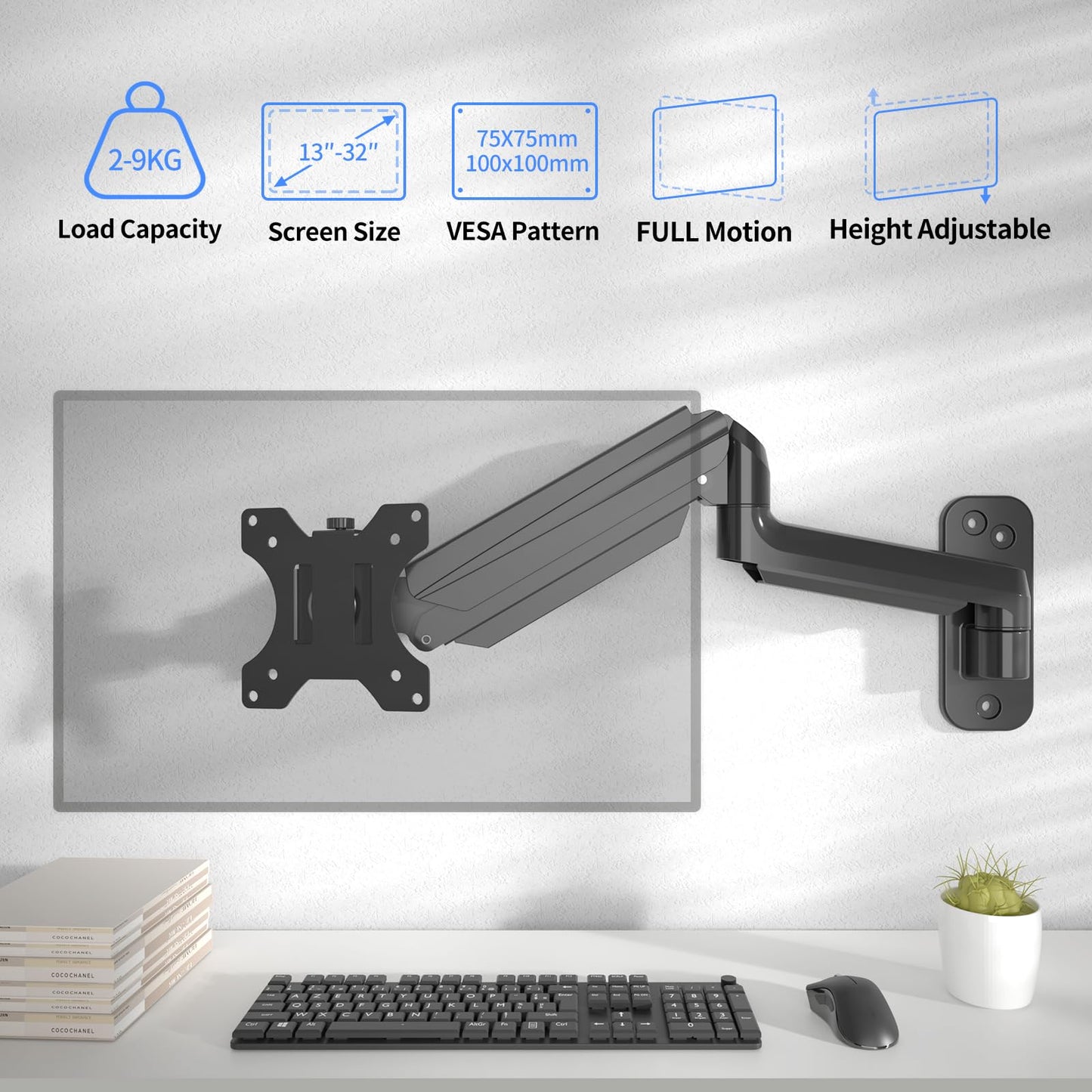 suptek monitor wall mount for 13-32 inch LED/LCD/TV screen up to 9 kg, with fully adjustable gas spring, height adjustable, tilt, swivel, and rotate, VESA 75/100.